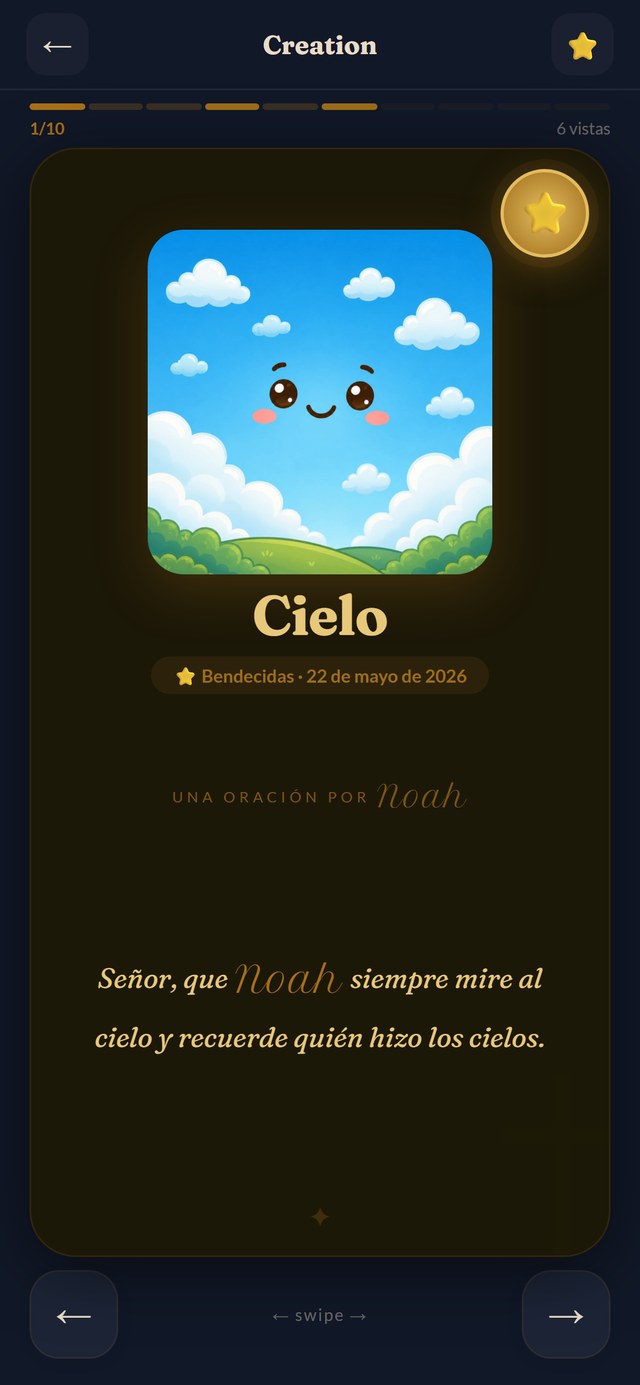 A First Blessings flashcard shown in Spanish and in dark mode, with a personalized prayer