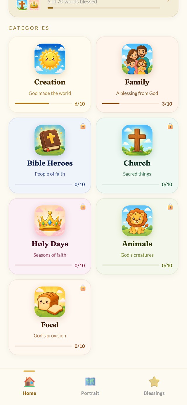 The category menu showing Creation and Family free, with five more categories ready to unlock