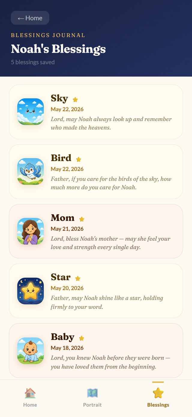 The Blessings Journal screen listing a child's saved first words, each with the date it was first blessed