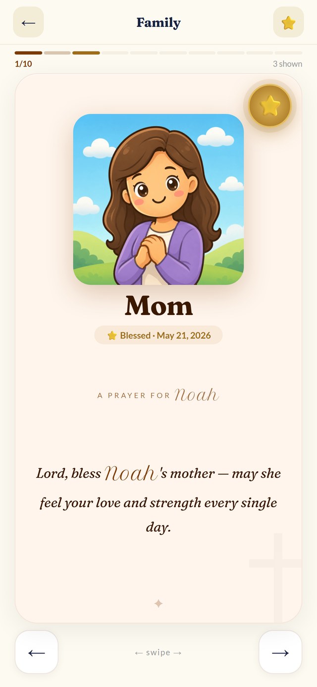A First Blessings flashcard showing the word Mom paired with a personal prayer written for the child by name